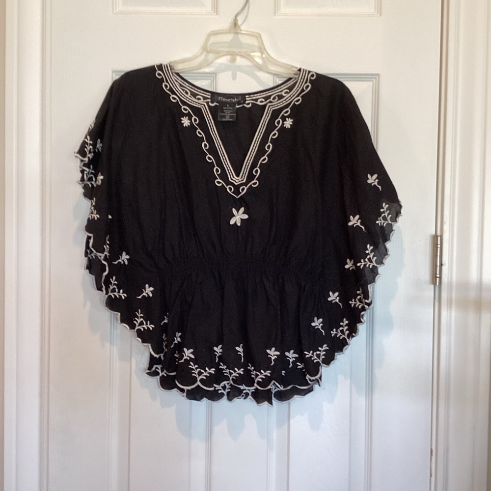 Fleurish Black Blouse with White Embroidery